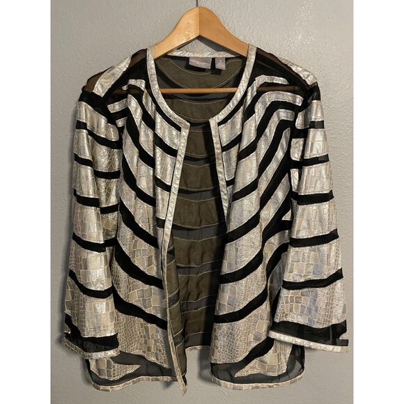 Chicos Travelers Collection Jacket Womens 3 XL Metallic Silver Open Front Mesh - Picture 1 of 8